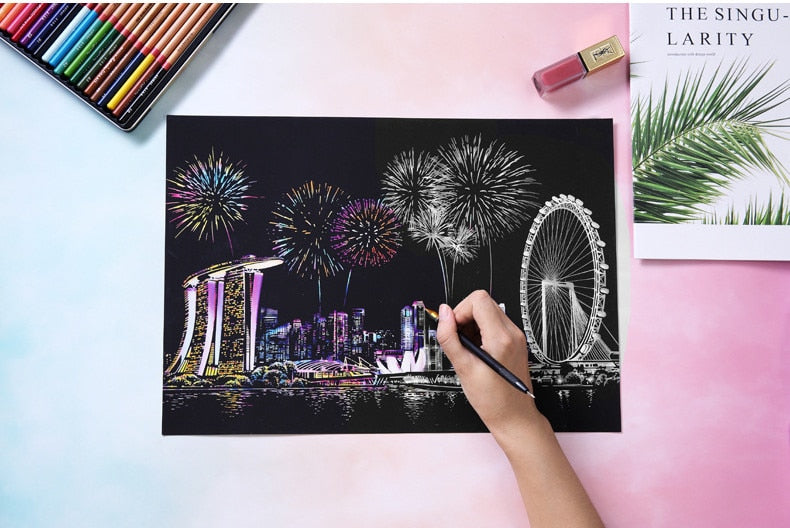 Scratch Painting Kits - 41*28 cm Magic Scratch Art Crafts World Landscape Paper Adult kids decompression toys Creative DIY Gifts - 5econds.co