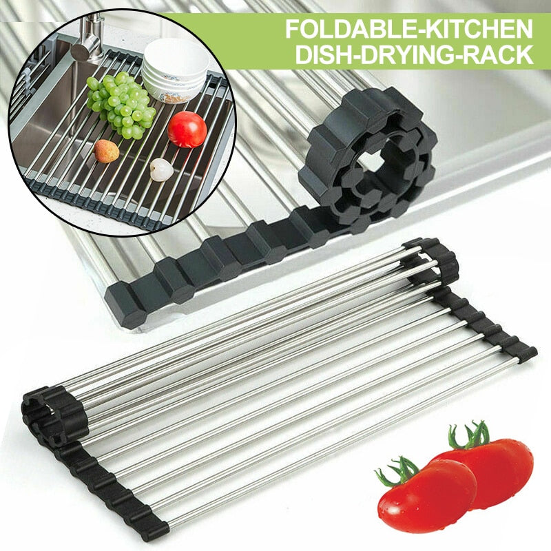 Disk drying rolling rack - Kitchen Dish Drying Rack Over Sink Roll-up Dry Drainers Stainless Steel Foldable