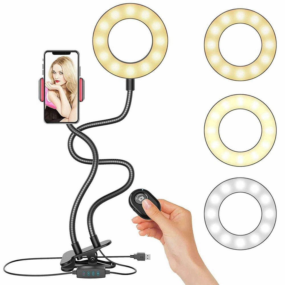 Studio LED Ring Light with Cell Phone Holder™ - Long Arms Desktop Bed stand Adjustable Aluminum alloy Mount for video call/livestream - 5econds.co