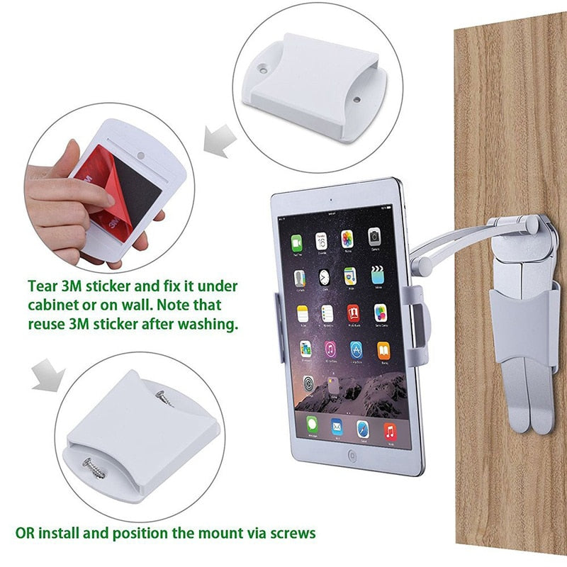 Desktop & Wall Pull-Up Lazy Bracket - Kitchen Tablet Metal Stand Mount Fit For 5-10.5 inch Width Smartphones - 5econds.co