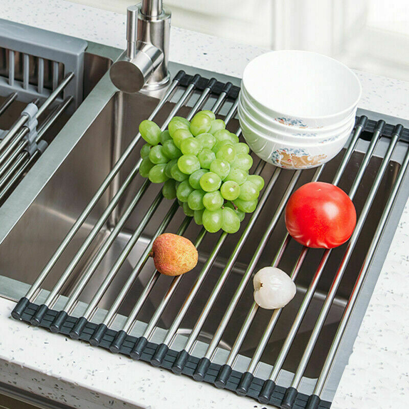 Disk drying rolling rack - Kitchen Dish Drying Rack Over Sink Roll-up Dry Drainers Stainless Steel Foldable