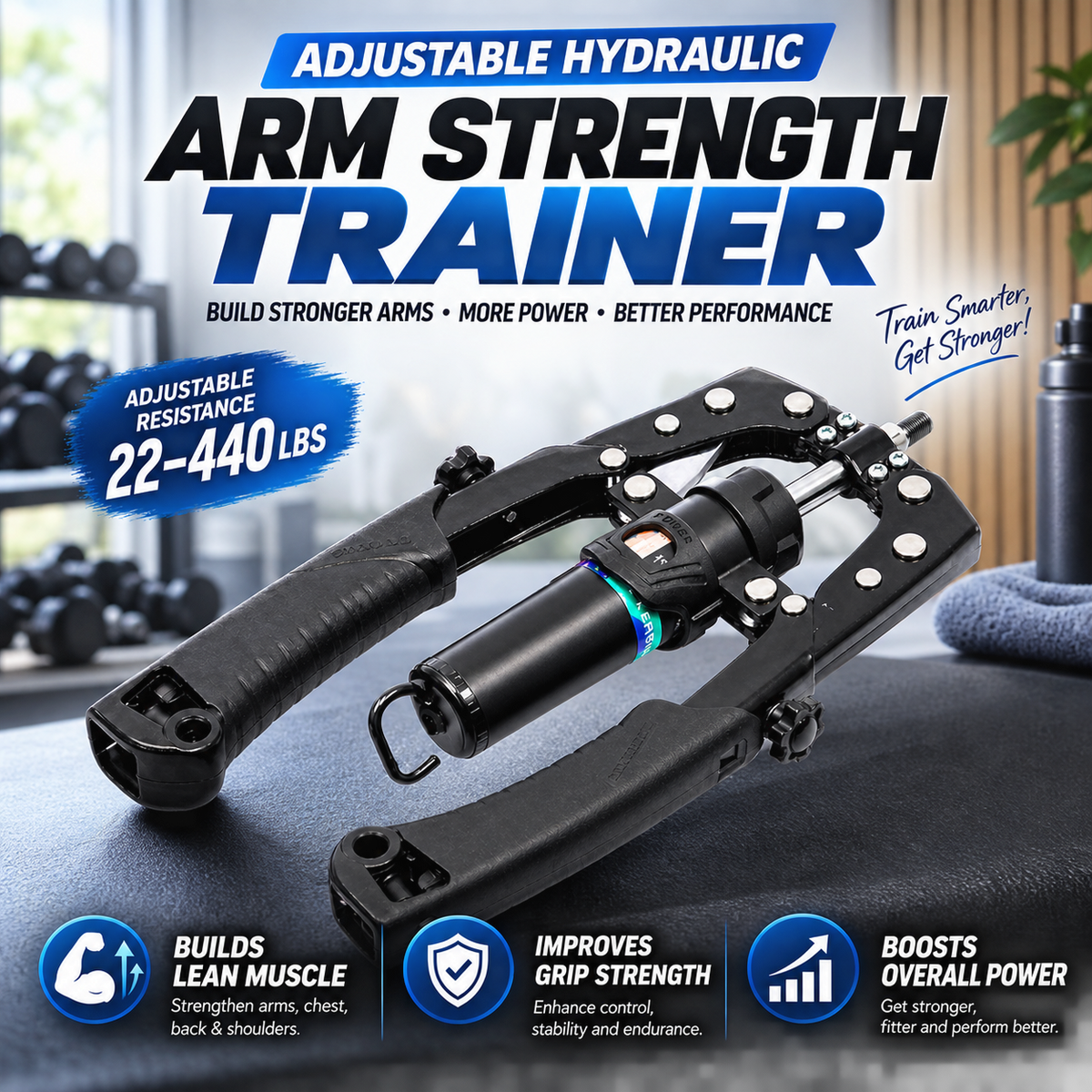 Adjustable Hydraulic Arm Exerciser Black – 22–440 lbs with LED Counter
