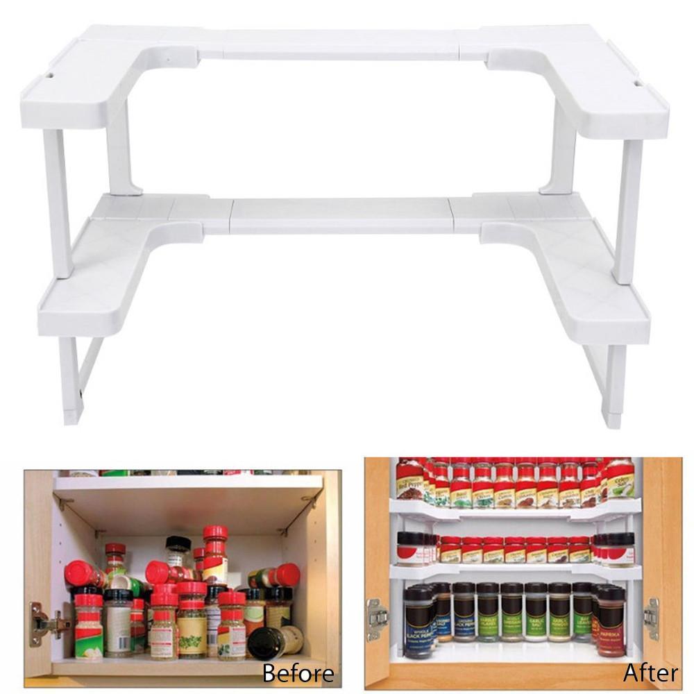 Adjustable Spice Rack - 2 Layers Kitchen Cabinet Cupboard Organizer Adjustable Kitchen Storage Shelf Spice Rack Countertop Organizer Cabinet Storage - 5econds.co